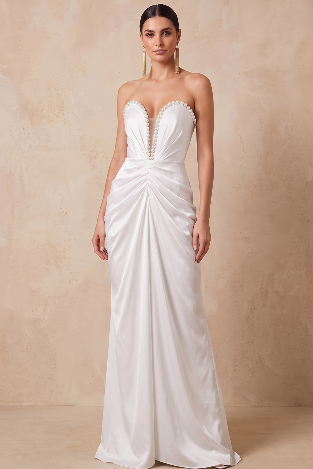 Dusty Sage Strapless Pearl Trim Satin Formal Maxi Dress
