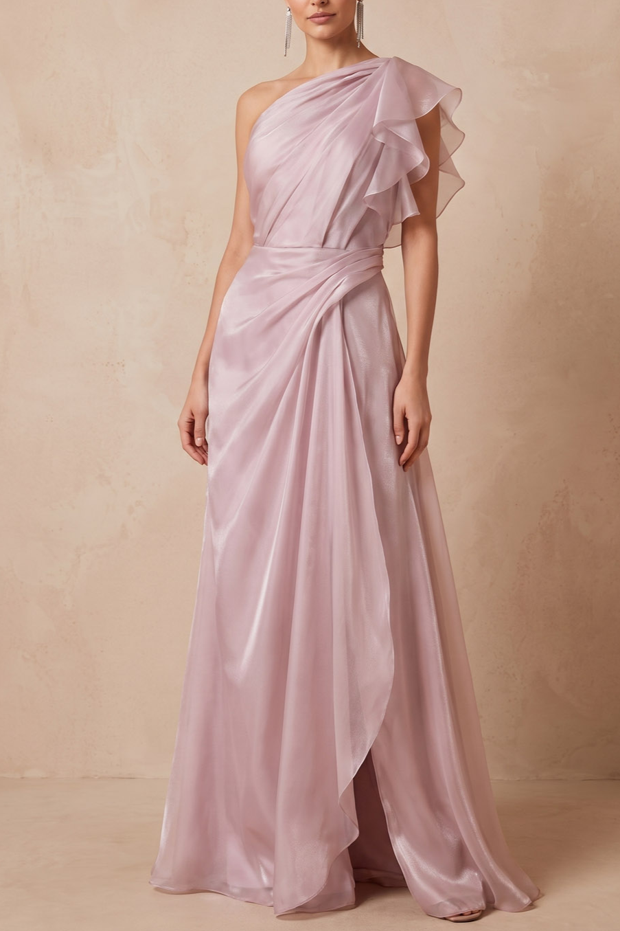 Pink One Shoulder Ruffle Organza Formal Evening Maxi Dress