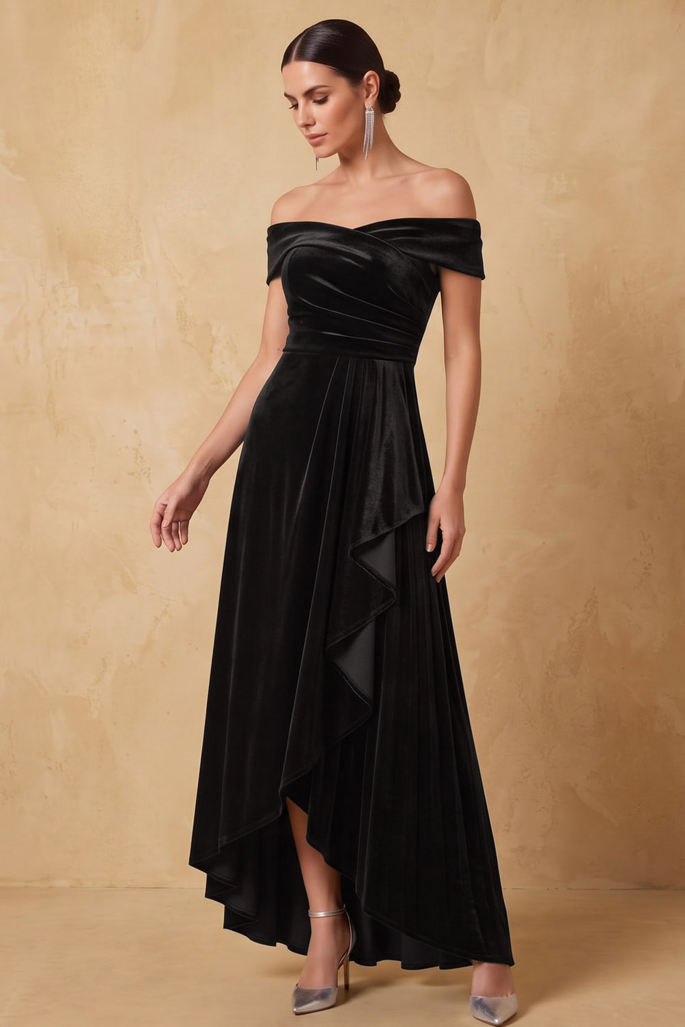 Purple Off Shoulder Velvet Wedding Guest Maxi Dress