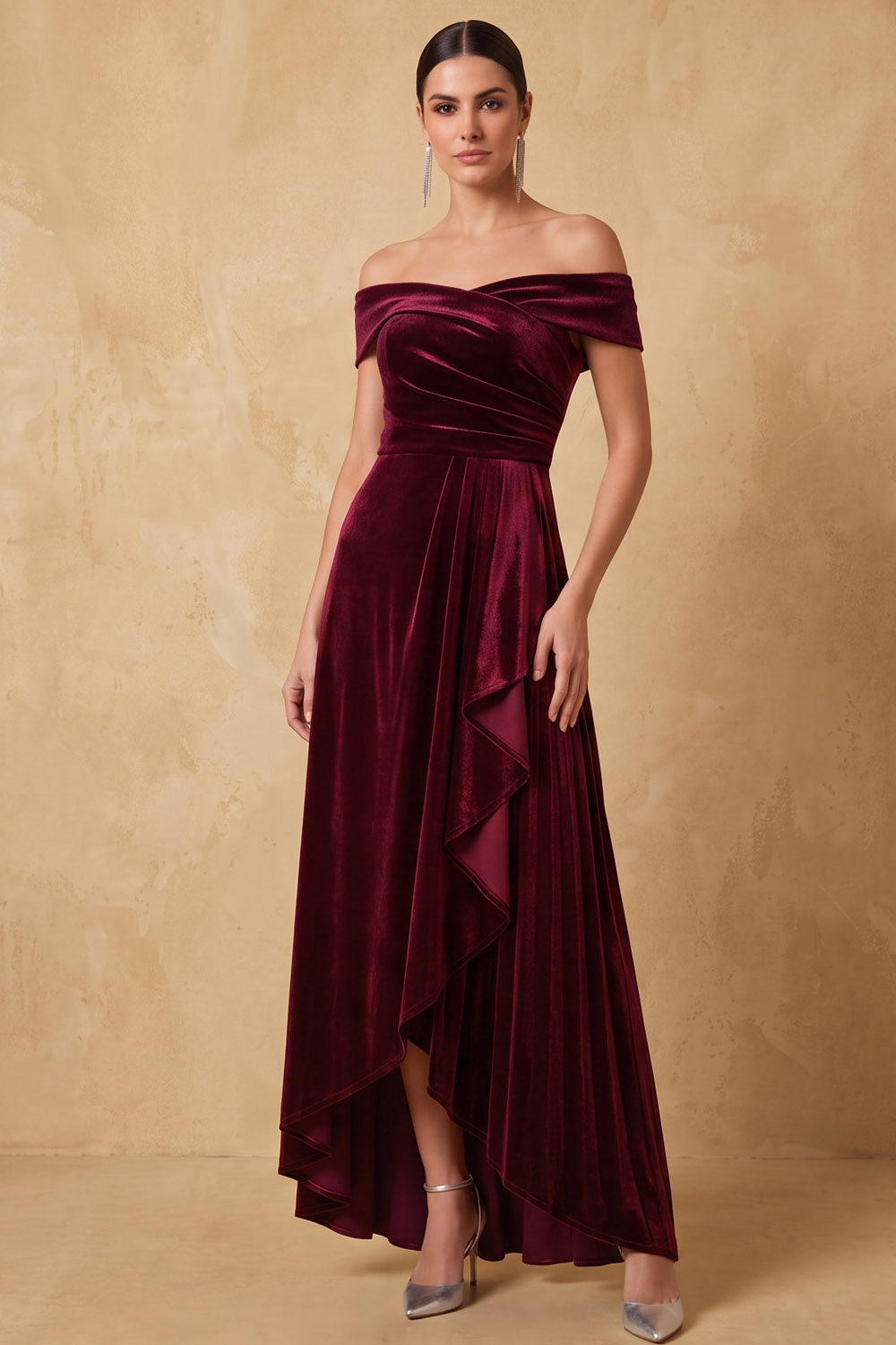 Purple Off Shoulder Velvet Wedding Guest Maxi Dress