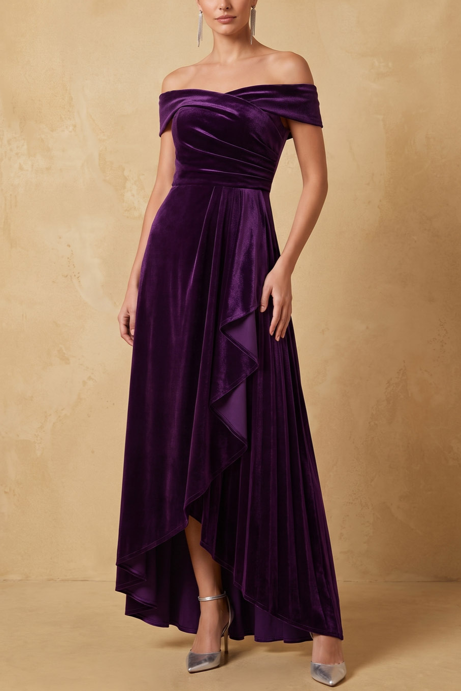 Purple Off Shoulder Velvet Wedding Guest Maxi Dress
