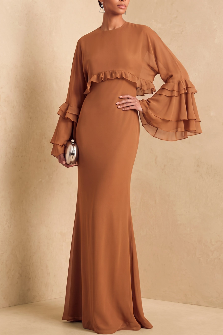 Light Brown Round Neck Tiered Bell Sleeve Ruffle Chiffon Wedding Guest Maxi Dress