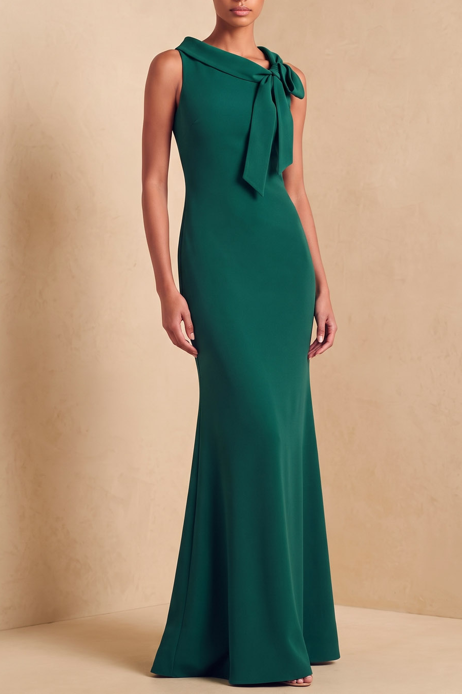 Green Sleeveless Asymmetrical Neck Stretch Crepe Formal & Evening Maxi Dress