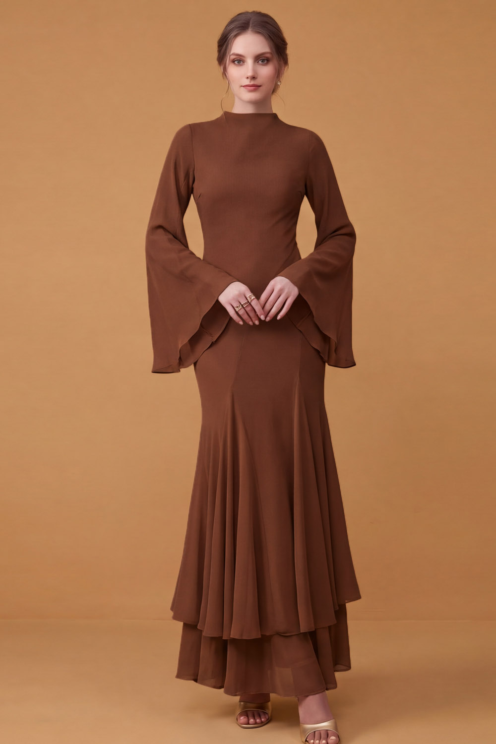 Navy High Neck Bell Sleeve Chiffon Mermaid Maxi Wedding Guest Dress