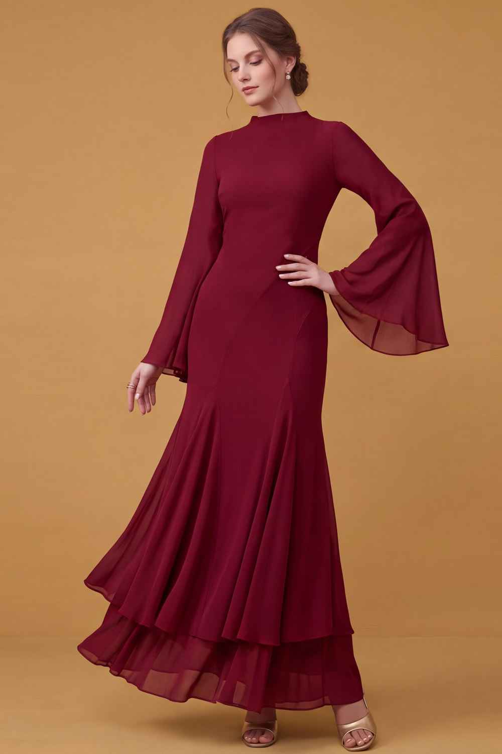 Navy High Neck Bell Sleeve Chiffon Mermaid Maxi Wedding Guest Dress