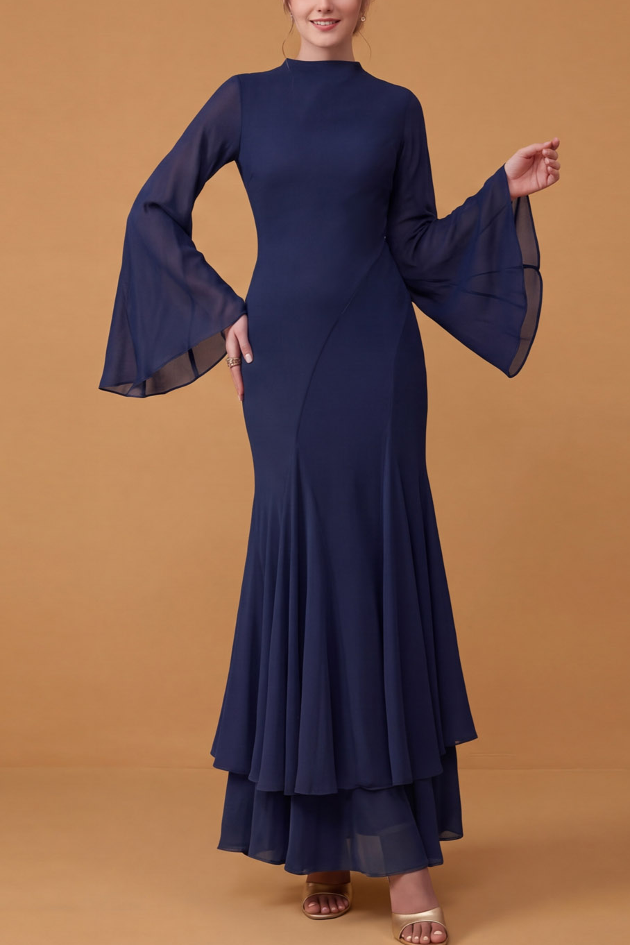 Navy High Neck Bell Sleeve Chiffon Mermaid Maxi Wedding Guest Dress
