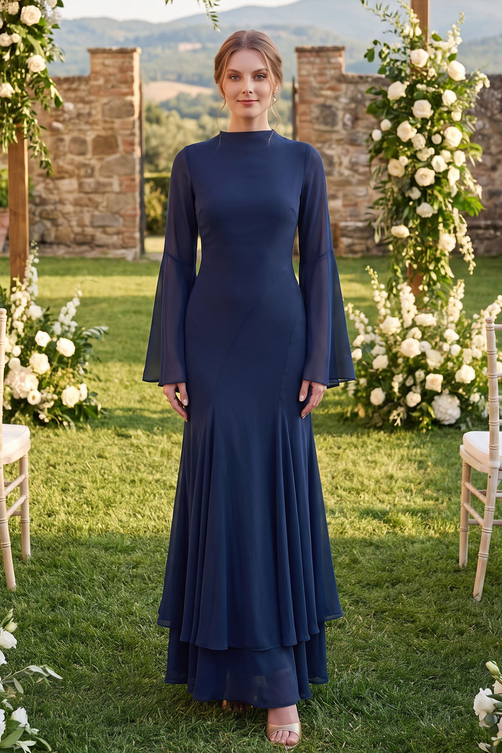 Navy High Neck Bell Sleeve Chiffon Mermaid Maxi Wedding Guest Dress