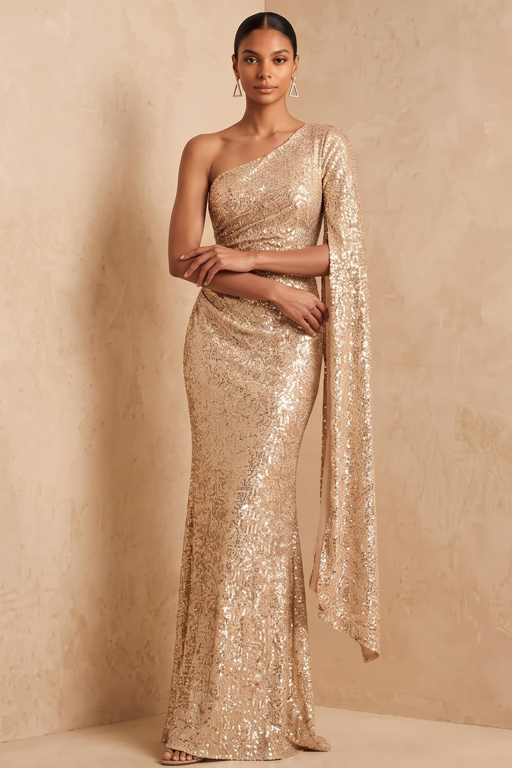One Shoulder Cape Sleeve Sequin Mermaid Maxi Formal & Evening Dress