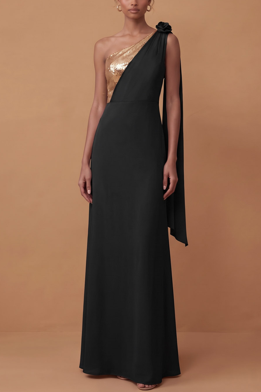 One Shoulder Sequin Panel Stretch Crepe Maxi Formal&Evening Dress