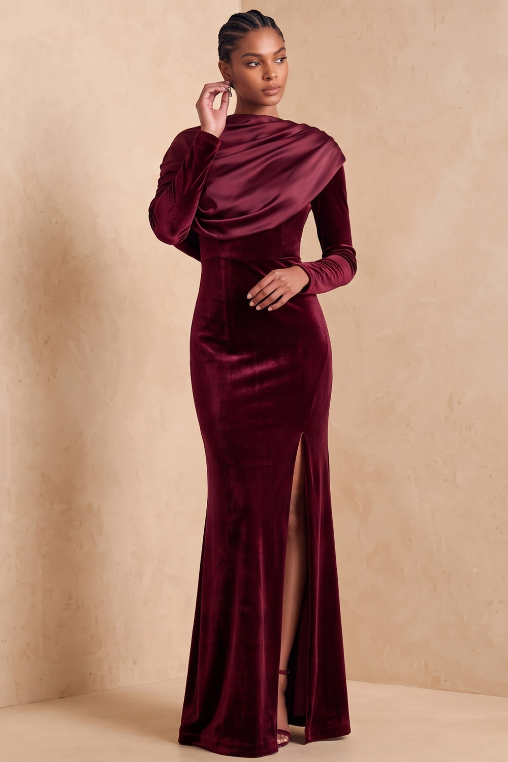 The Olivedrapella Draped Satin Shoulder Green Velvet Long Sleeve Mermaid Wedding Guest Dress