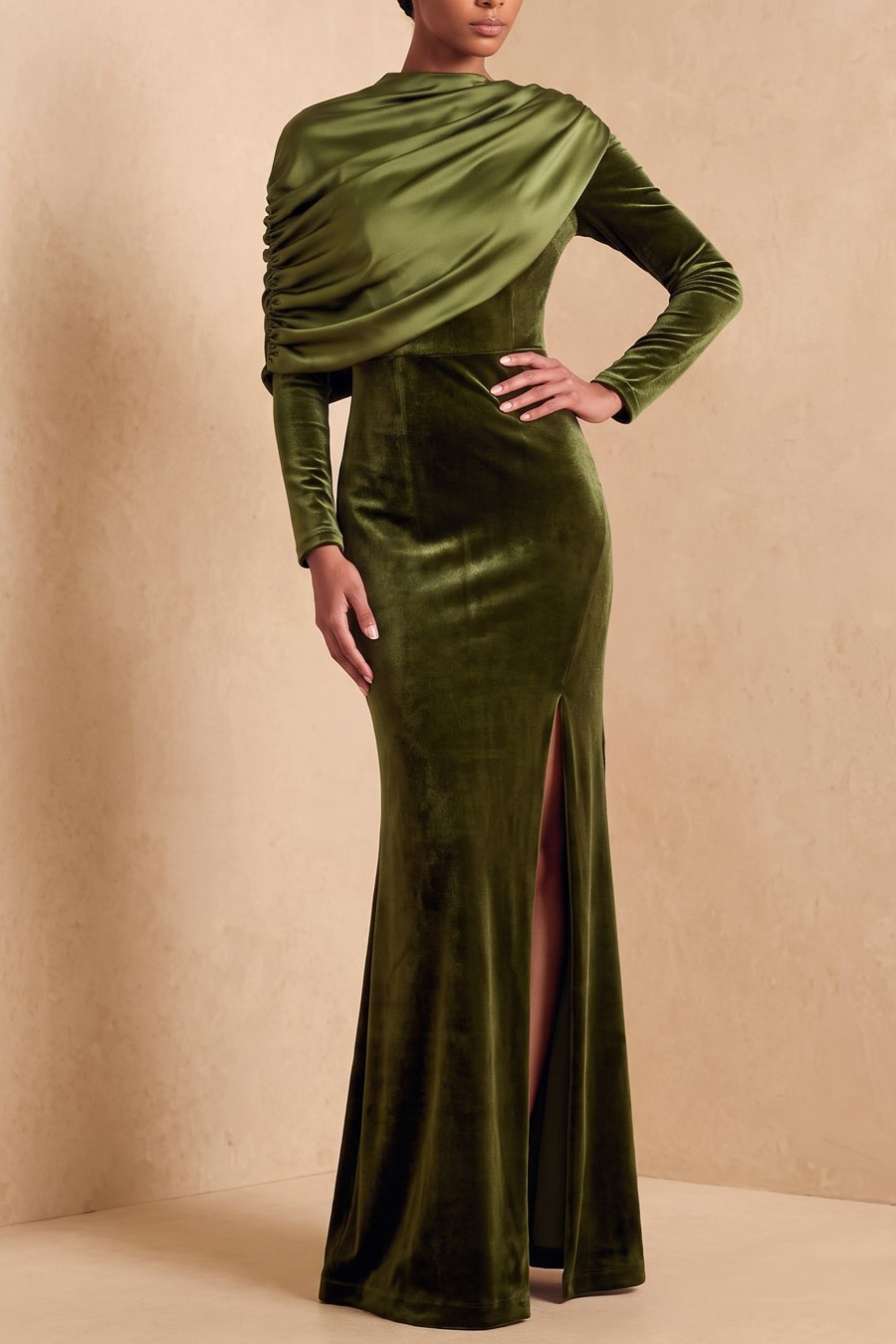 The Olivedrapella Draped Satin Shoulder Green Velvet Long Sleeve Mermaid Wedding Guest Dress