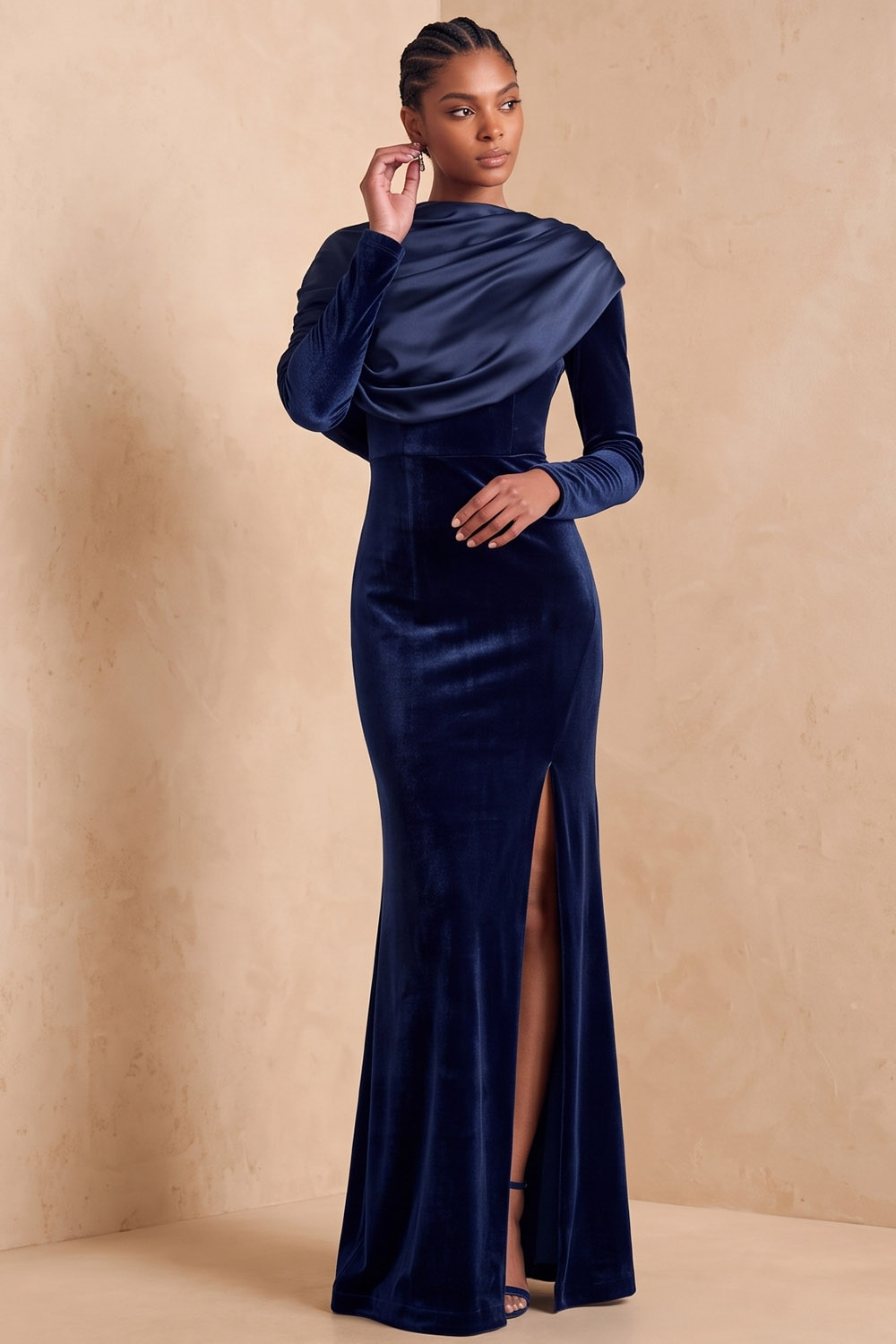 The Olivedrapella Draped Satin Shoulder Green Velvet Long Sleeve Mermaid Wedding Guest Dress