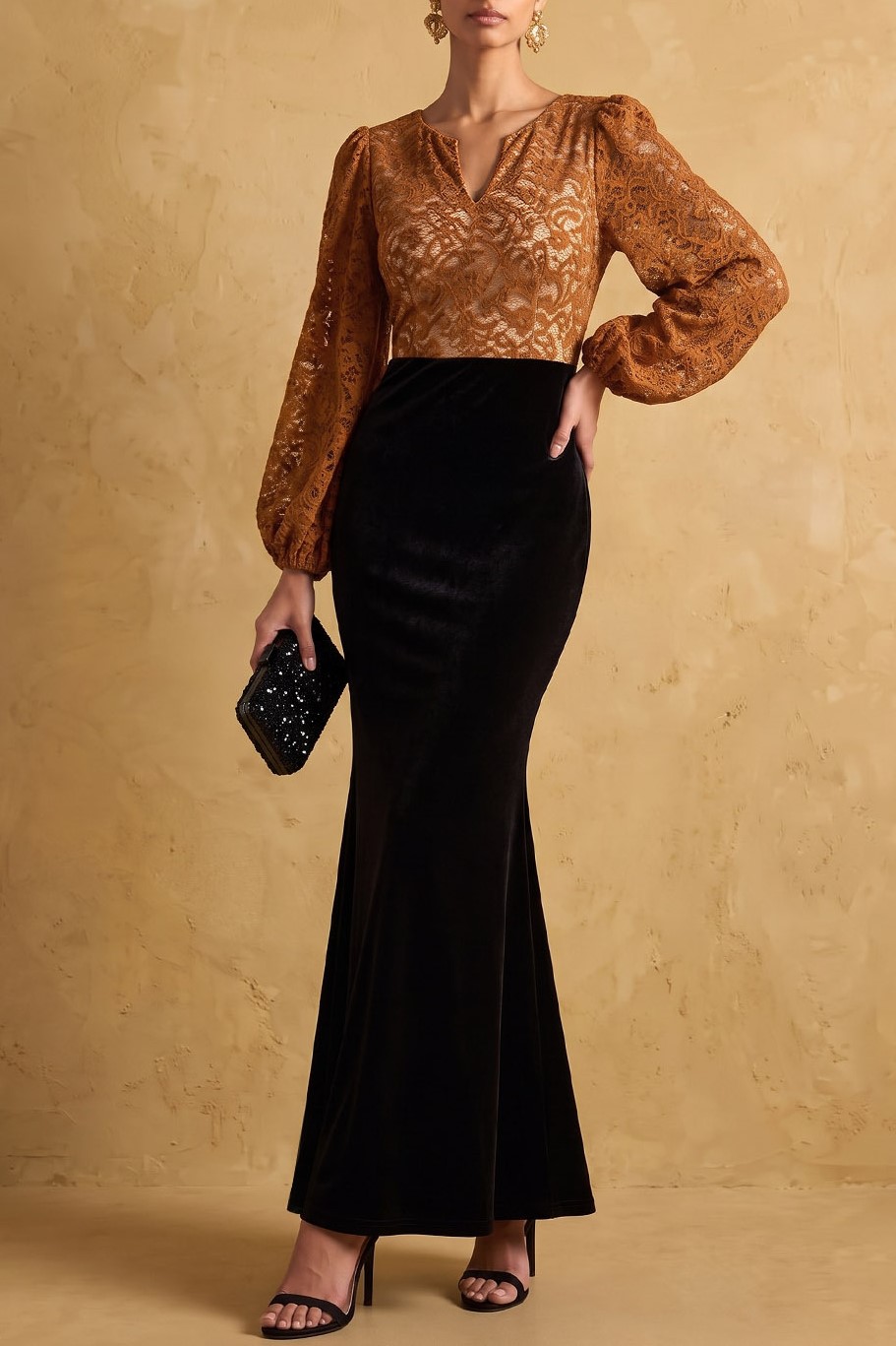 V-Neck Brown Lace Long Sleeve Velvet Mermaid Formal & Evening Dress