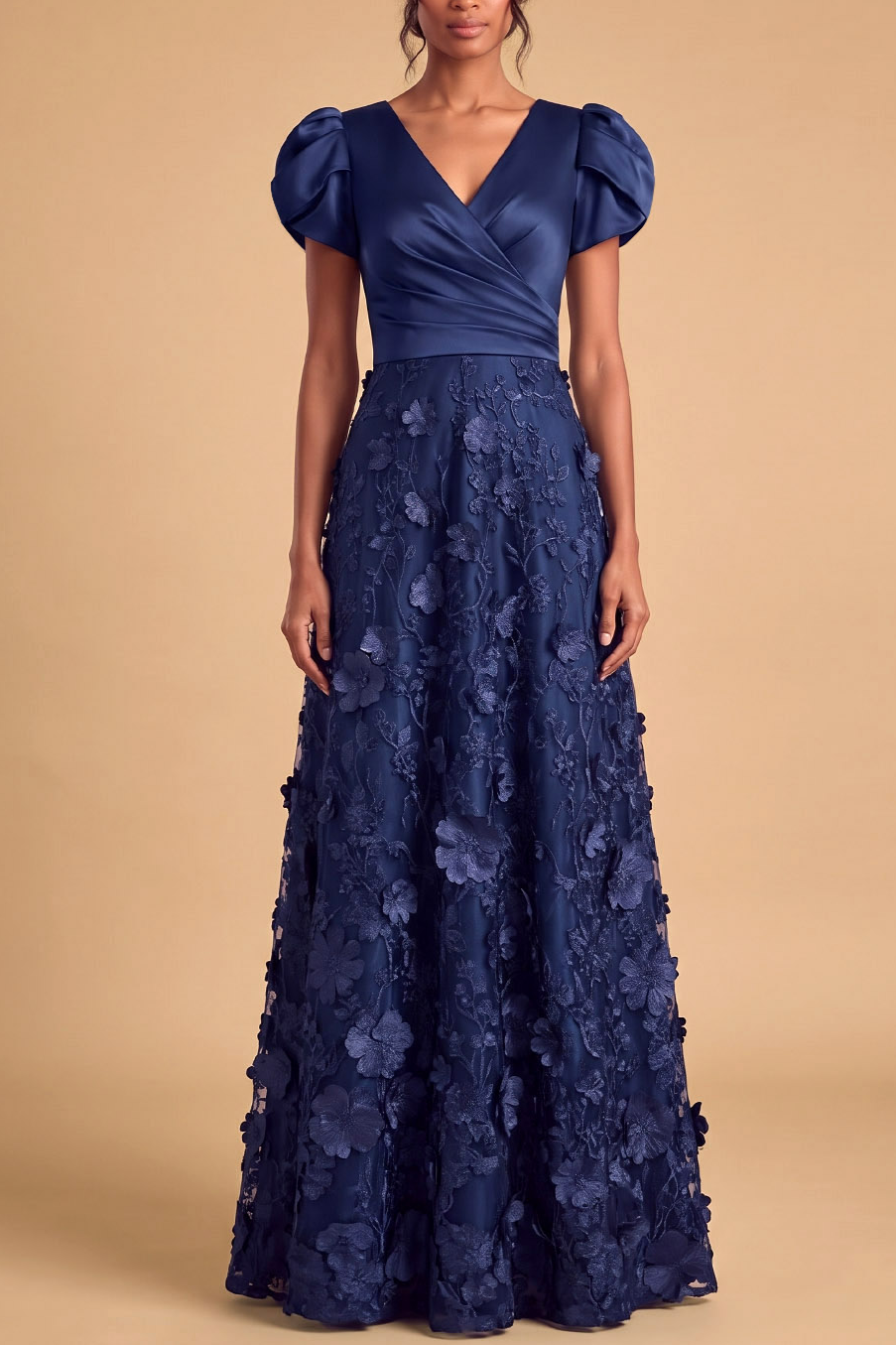 Navy Wedding Guest Maxi Dress with Puff Short Sleeve V-Neck 3D Floral Appliqué Skirt