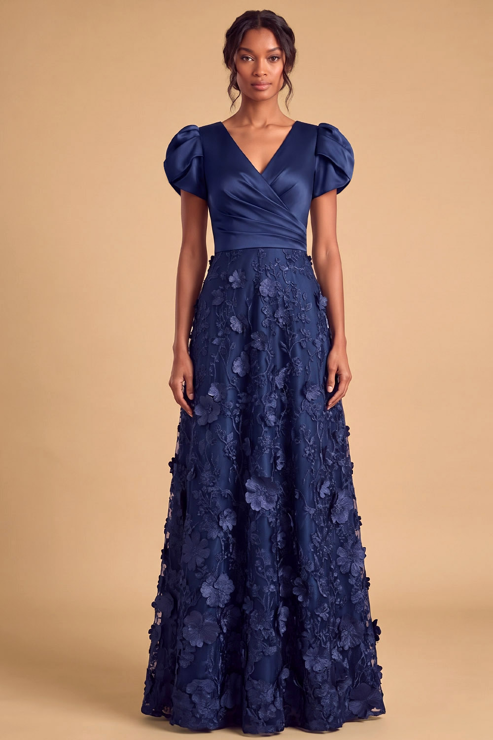 Navy Wedding Guest Maxi Dress with Puff Short Sleeve V-Neck 3D Floral Appliqué Skirt