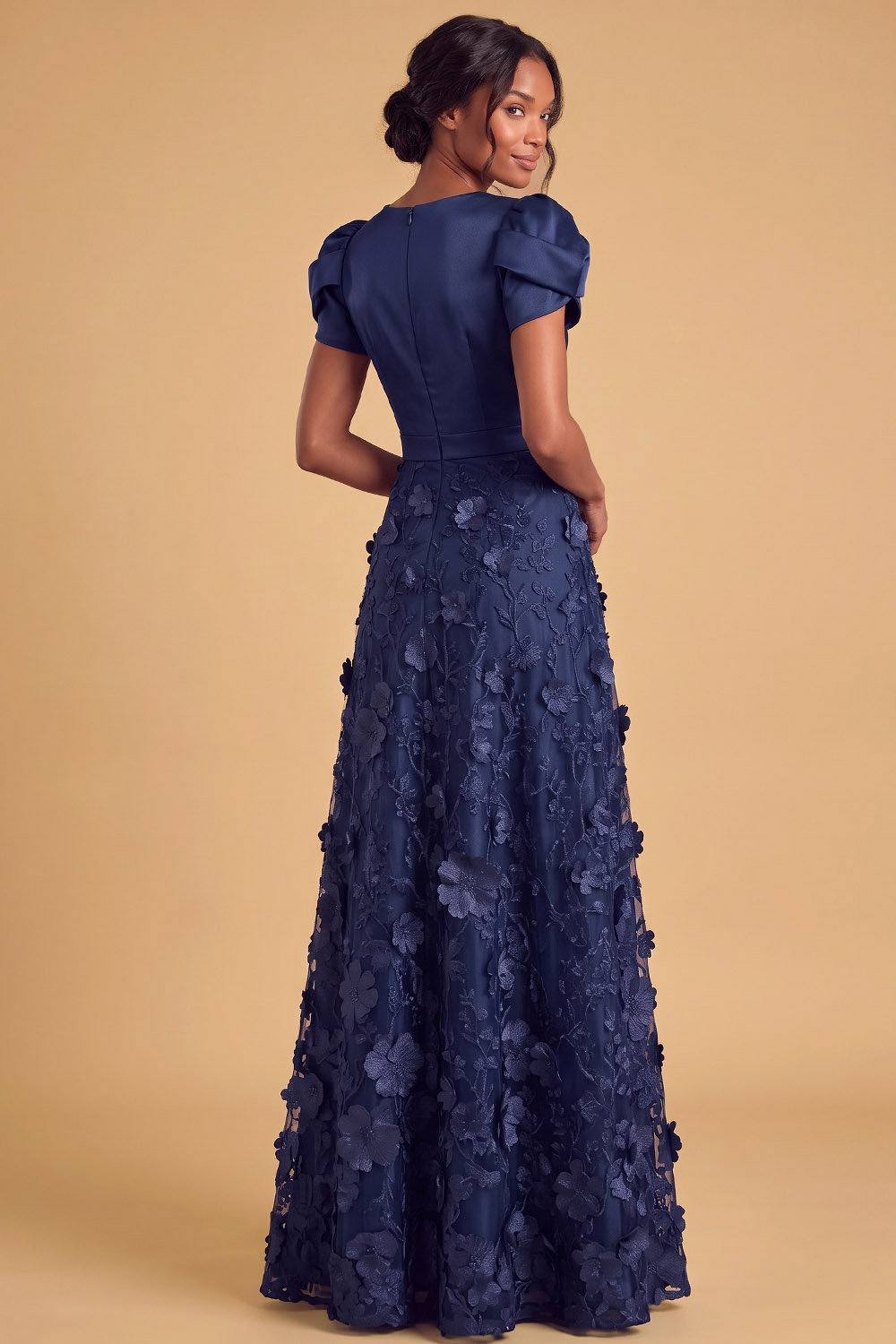 Navy Wedding Guest Maxi Dress with Puff Short Sleeve V-Neck 3D Floral Appliqué Skirt