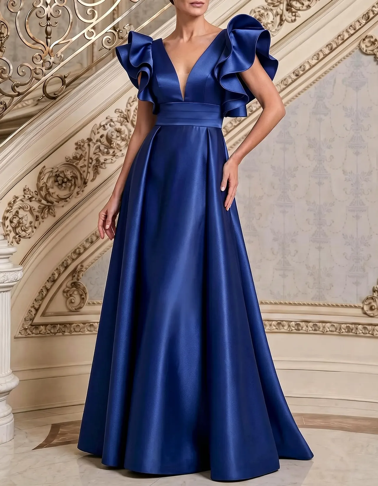 Deep V Neck Satin Ruffled Shoulder A Line Evening Maxi Dress