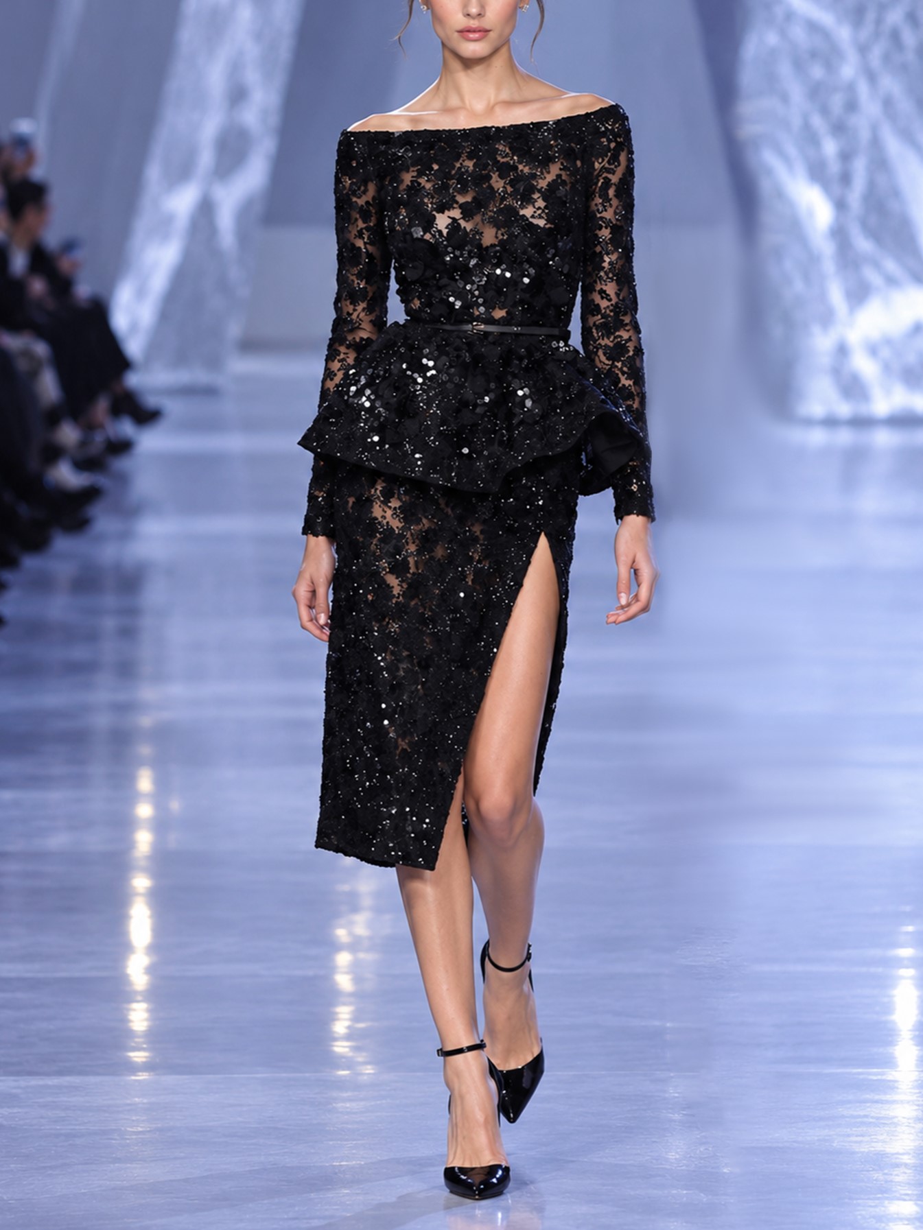 Black Off Shoulder Sequin Floral Appliqué Midi Lace Evening Dress