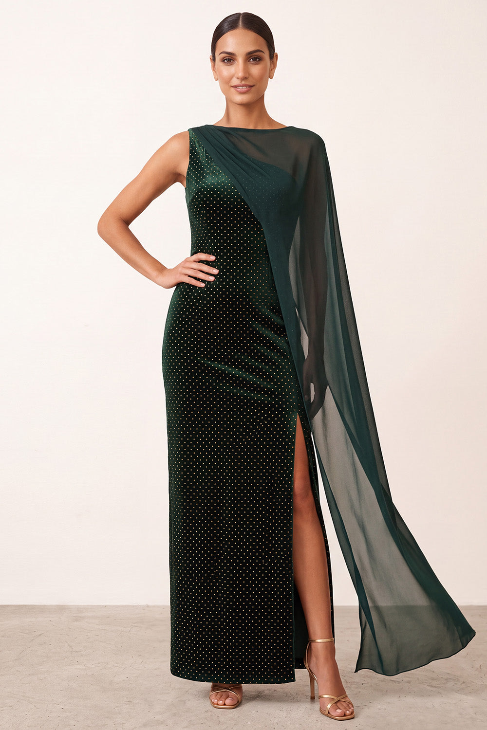 Sparkly Dark Green Mermaid Bateau Neck Beaded Long Formal Dress with Side Cape