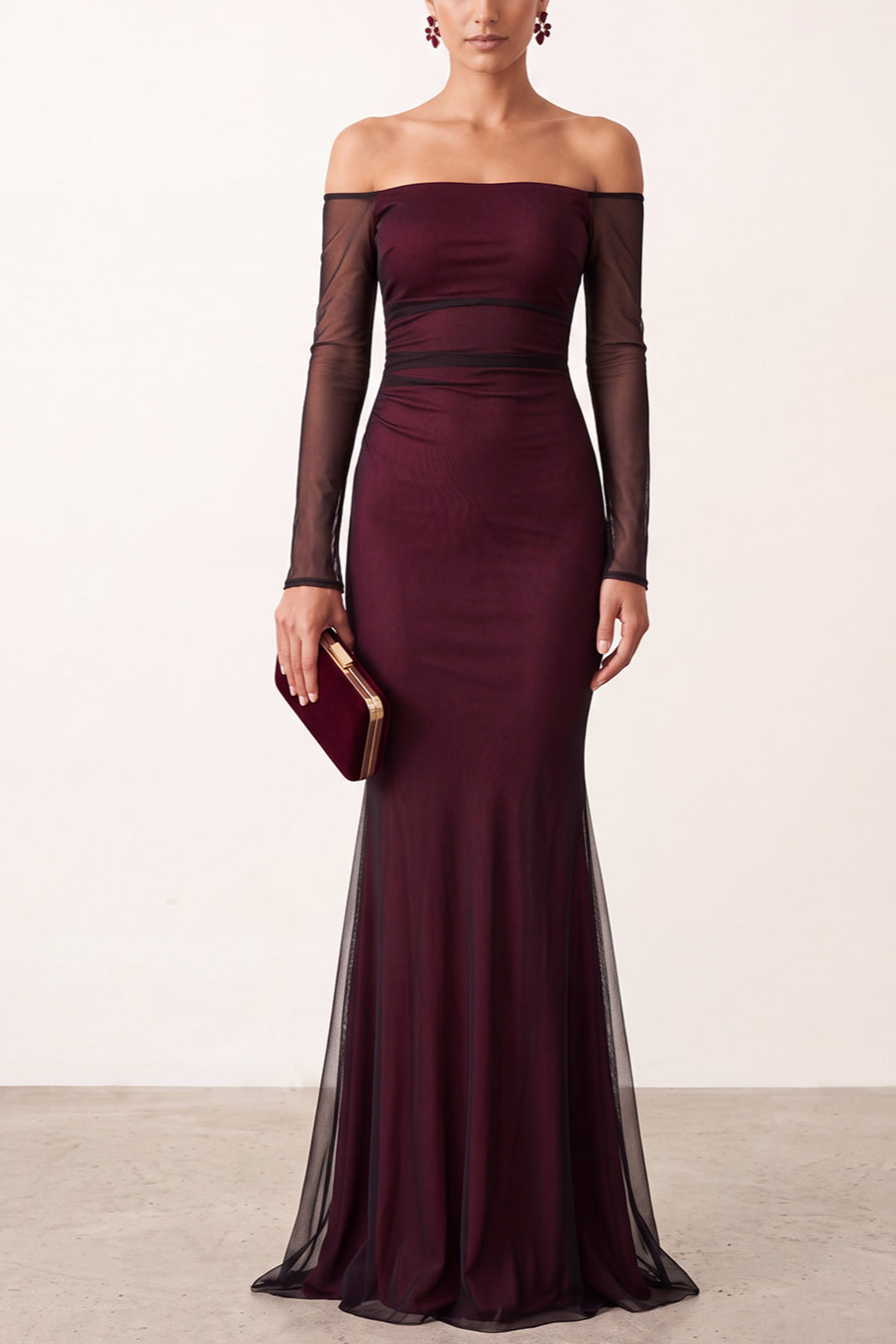 Burgundy Ruched Off the Shoulder Mermaid Long Formal Dress with Sleeves