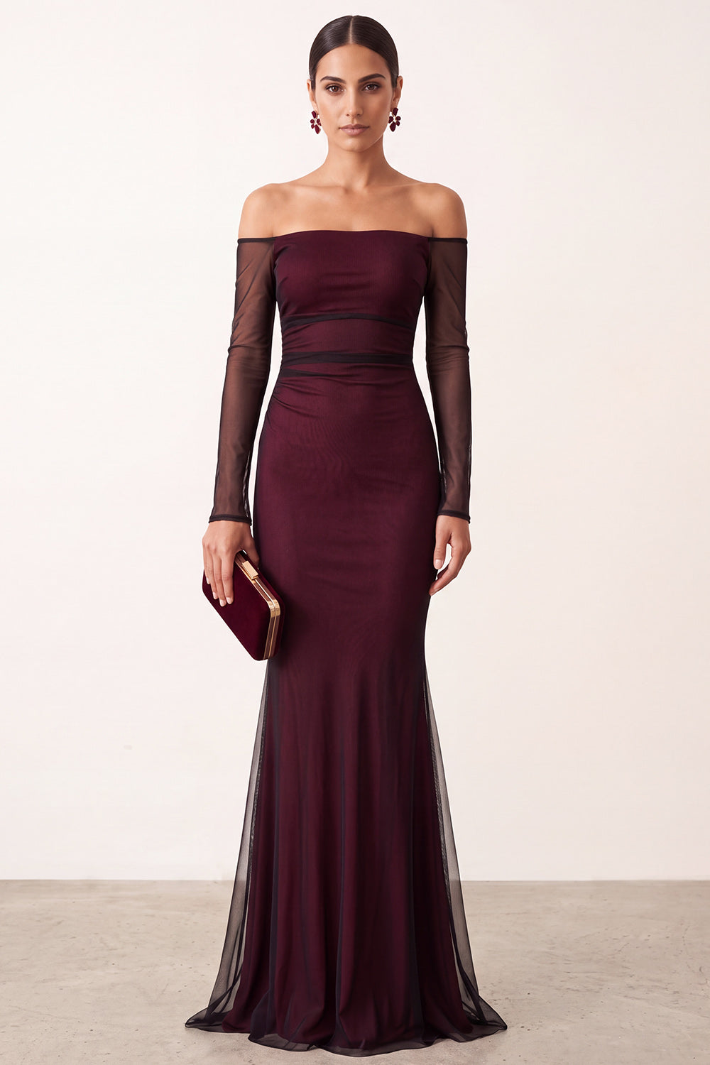 Burgundy Ruched Off the Shoulder Mermaid Long Formal Dress with Sleeves