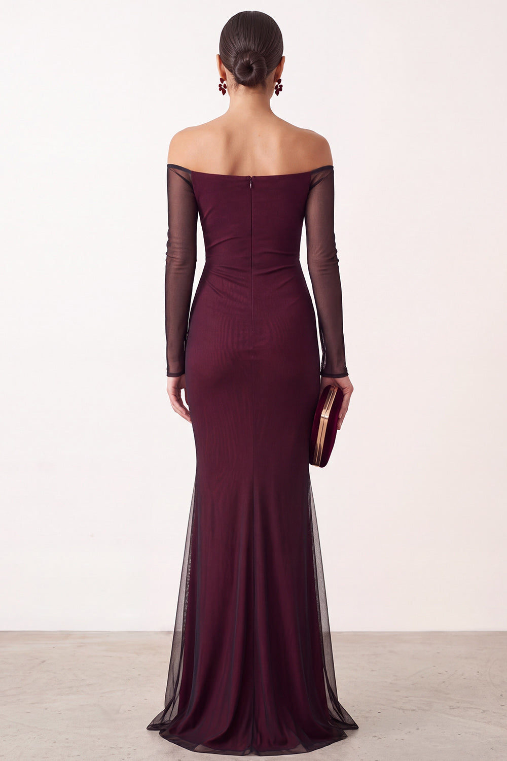 Burgundy Ruched Off the Shoulder Mermaid Long Formal Dress with Sleeves