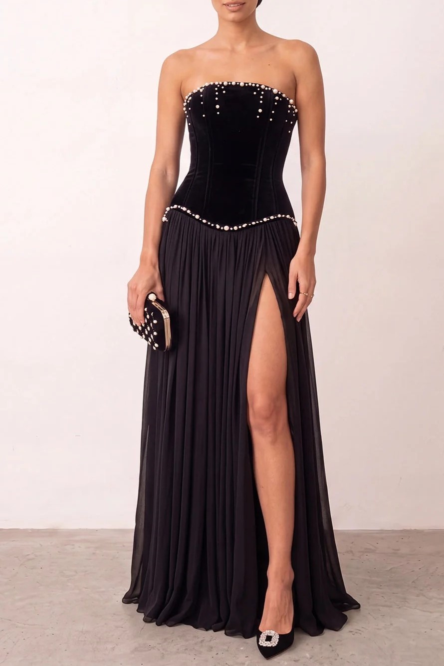 Black Corset A Line Beaded Strapless Long Formal Dress with Slit