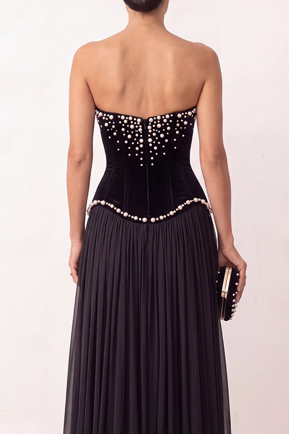Black Corset A Line Beaded Strapless Long Formal Dress with Slit