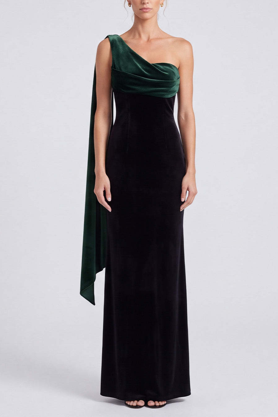 Dark Green and Black Velvet Sheath One Shoulder Long Formal Dress with Cape