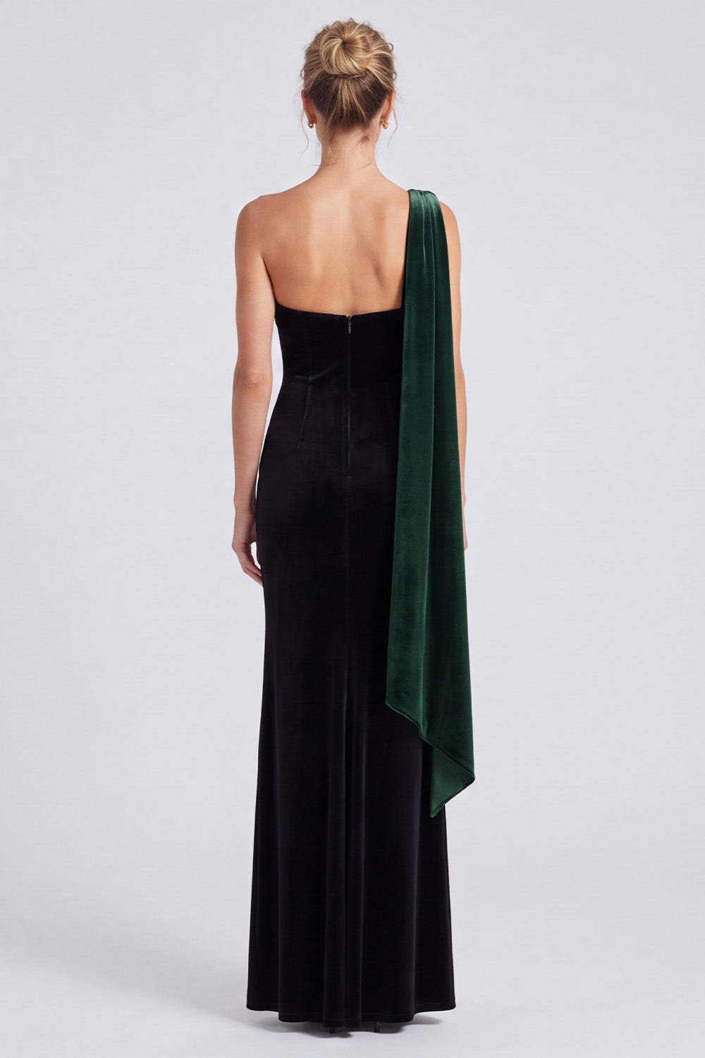 Dark Green and Black Velvet Sheath One Shoulder Long Formal Dress with Cape