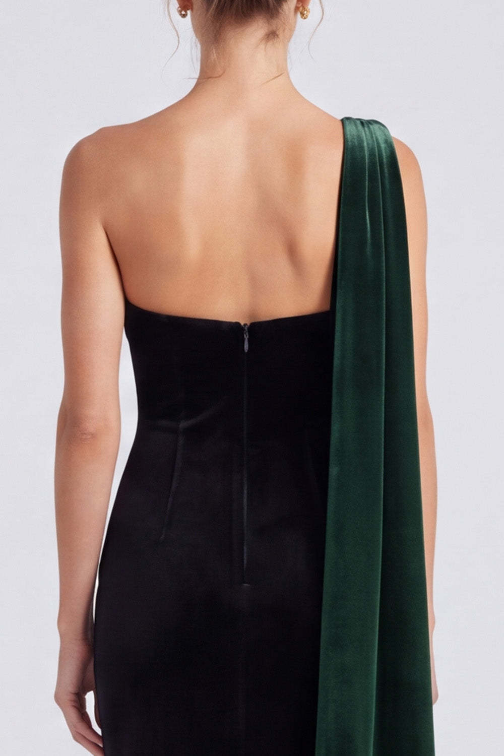 Dark Green and Black Velvet Sheath One Shoulder Long Formal Dress with Cape