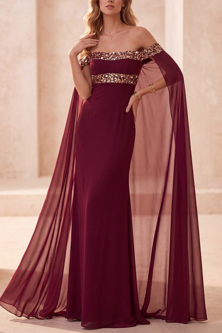 Burgundy Mermaid Off the Shoulder Satin Long Formal Dress with Cape