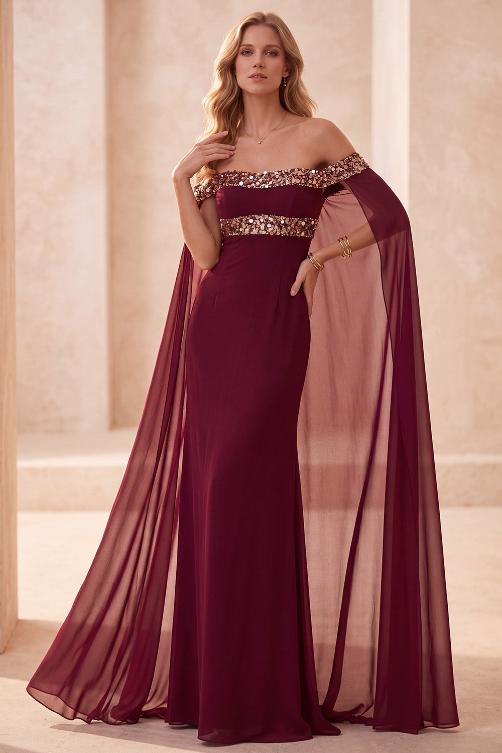 Burgundy Mermaid Off the Shoulder Satin Long Formal Dress with Cape