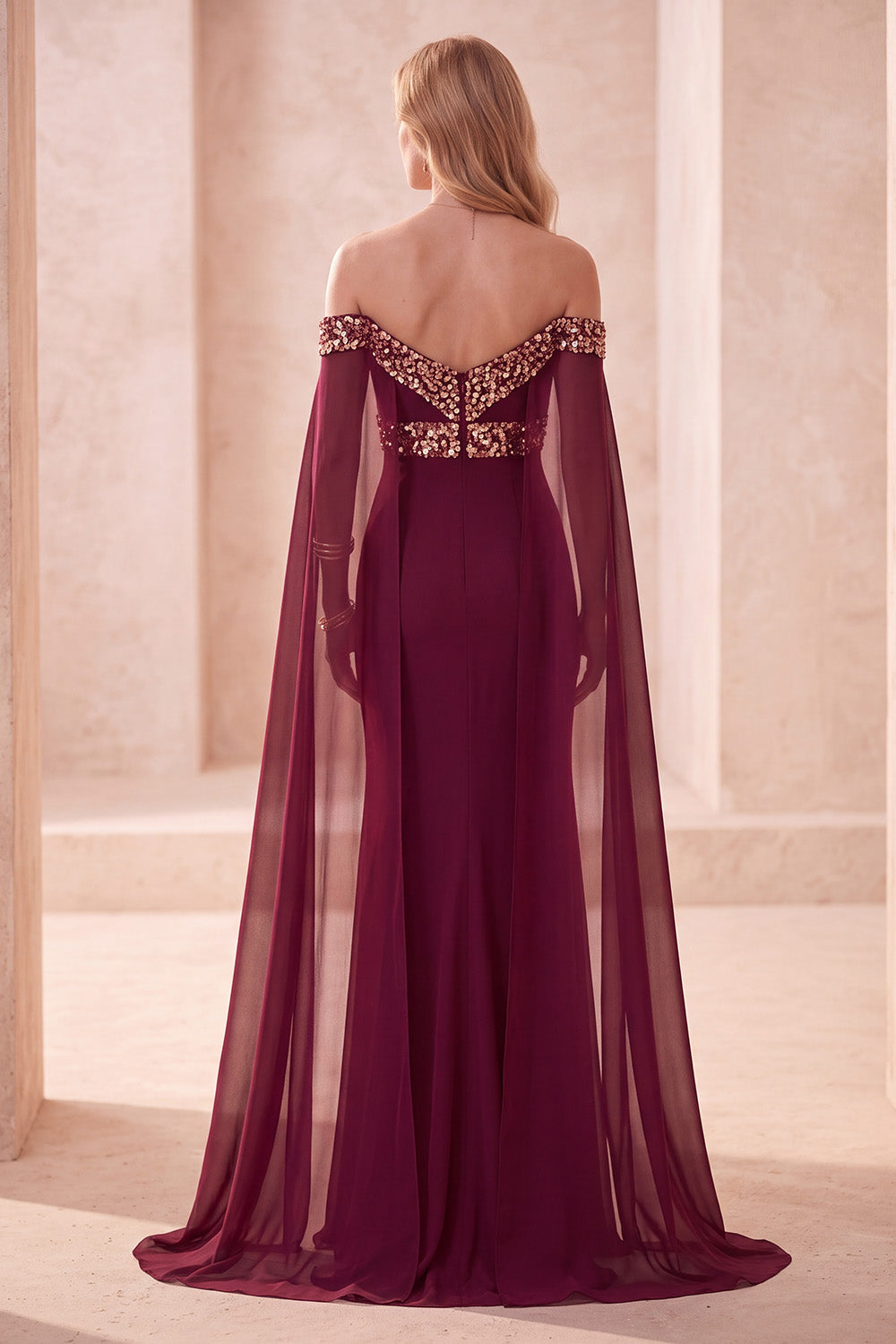 Burgundy Mermaid Off the Shoulder Satin Long Formal Dress with Cape