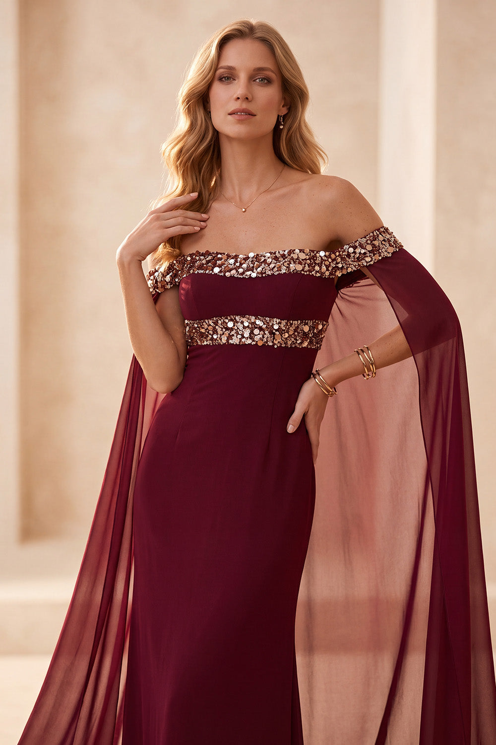 Burgundy Mermaid Off the Shoulder Satin Long Formal Dress with Cape