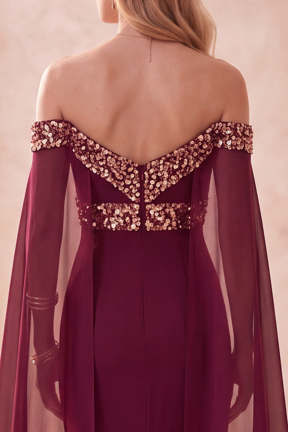 Burgundy Mermaid Off the Shoulder Satin Long Formal Dress with Cape
