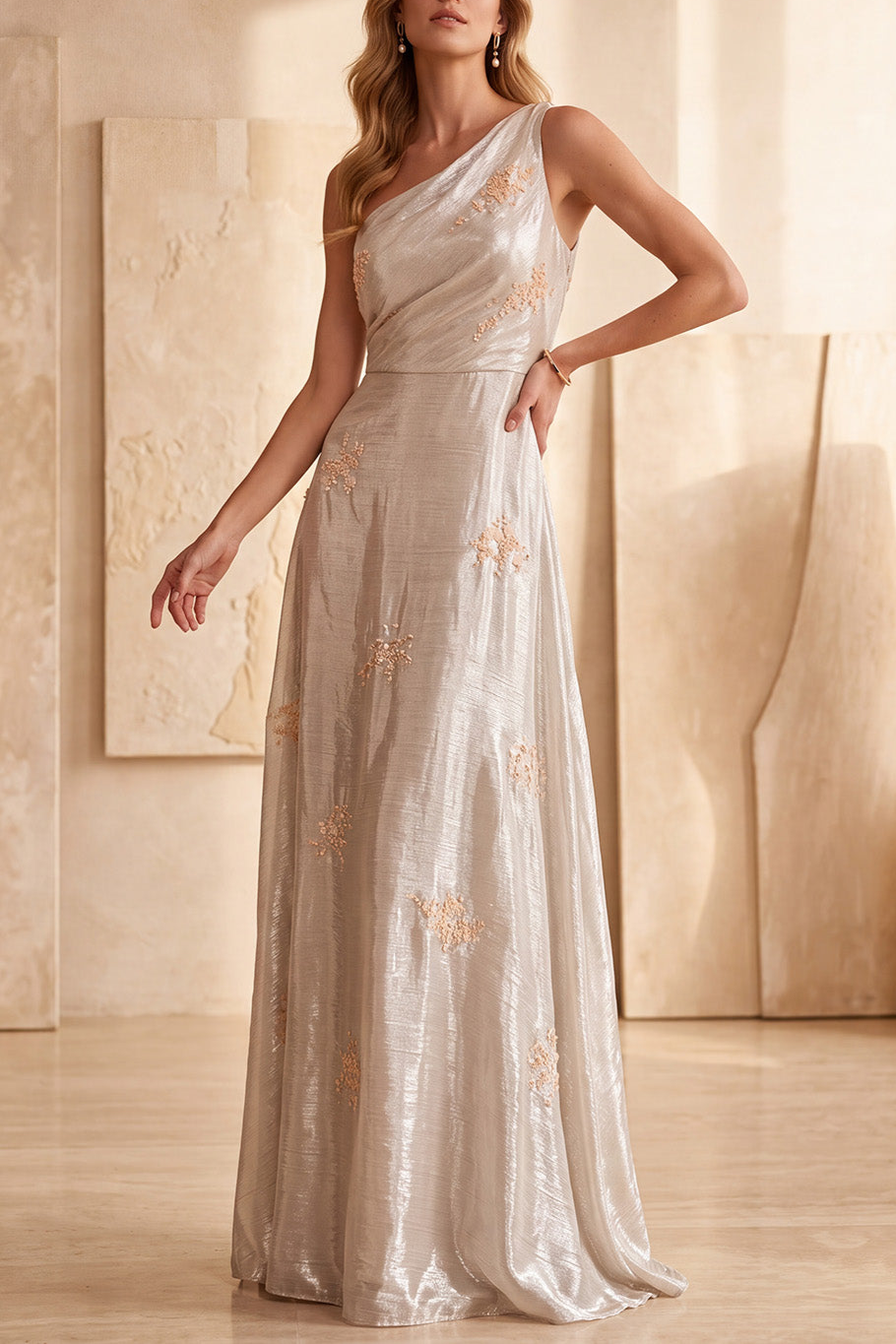 A-Line Silver Ruched One Shoulder Long Formal Dress with Appliques