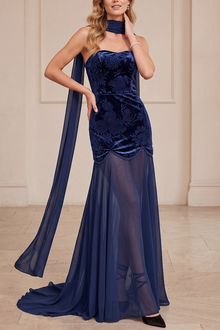 Mermaid Navy Floral Strapless Long Formal Dress with Neck Scarf