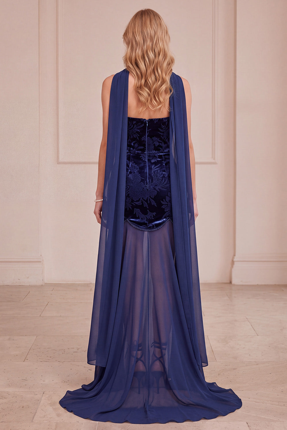 Mermaid Navy Floral Strapless Long Formal Dress with Neck Scarf