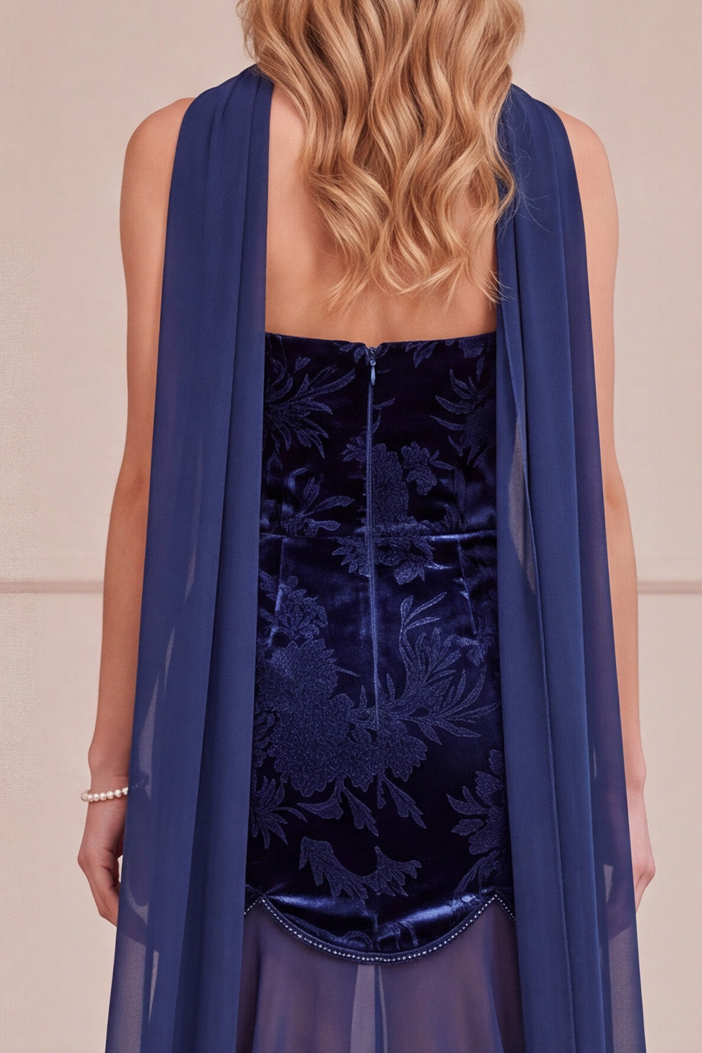 Mermaid Navy Floral Strapless Long Formal Dress with Neck Scarf