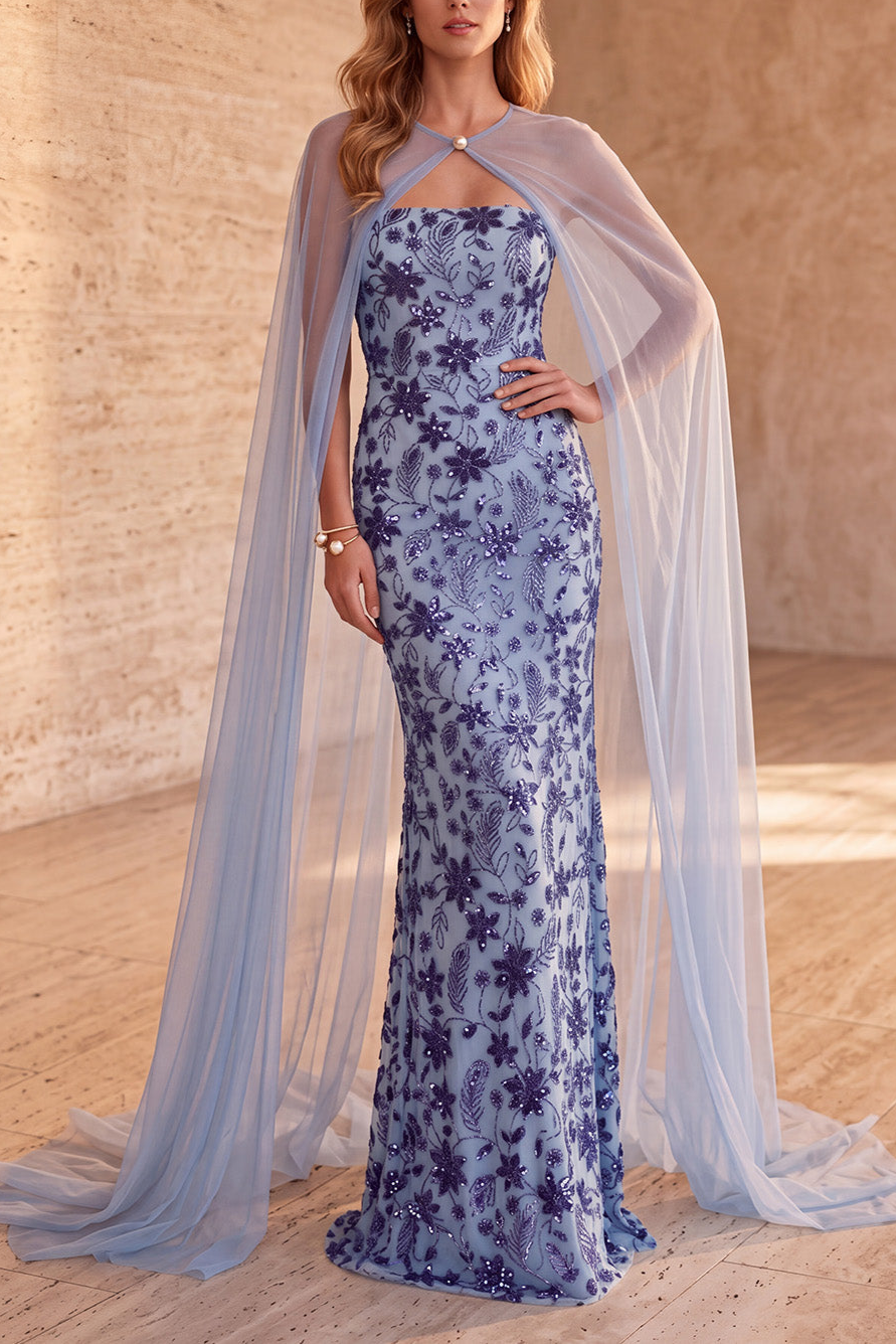 Sparkly Floral Slate Blue Sequin Mermaid Long Formal Dress with Cape