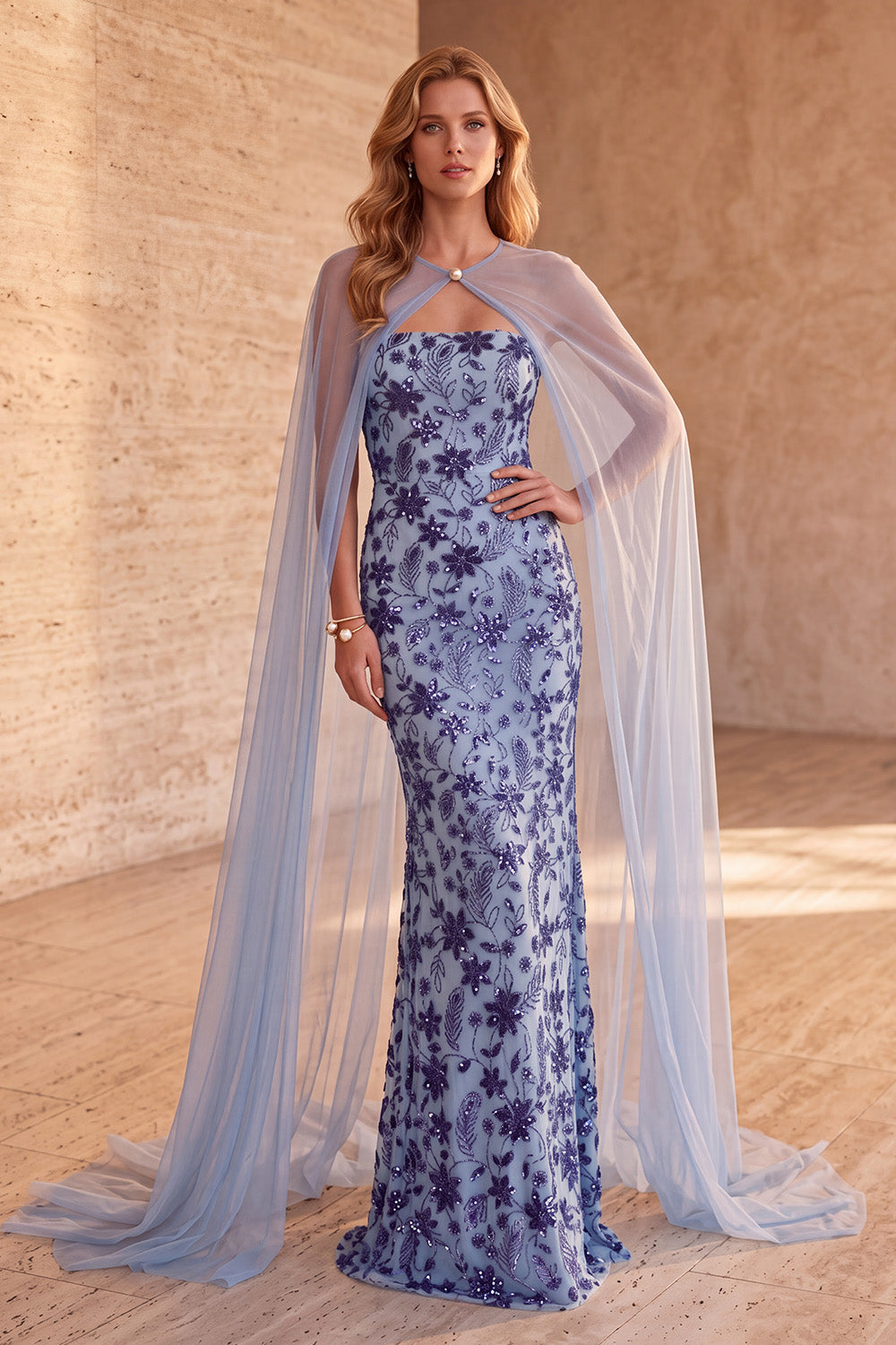 Sparkly Floral Slate Blue Sequin Mermaid Long Formal Dress with Cape