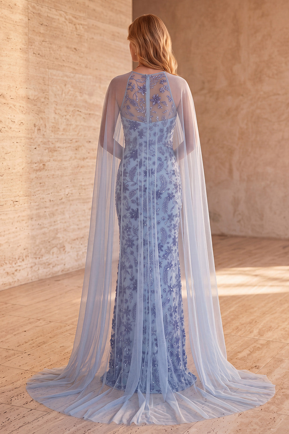 Sparkly Floral Slate Blue Sequin Mermaid Long Formal Dress with Cape