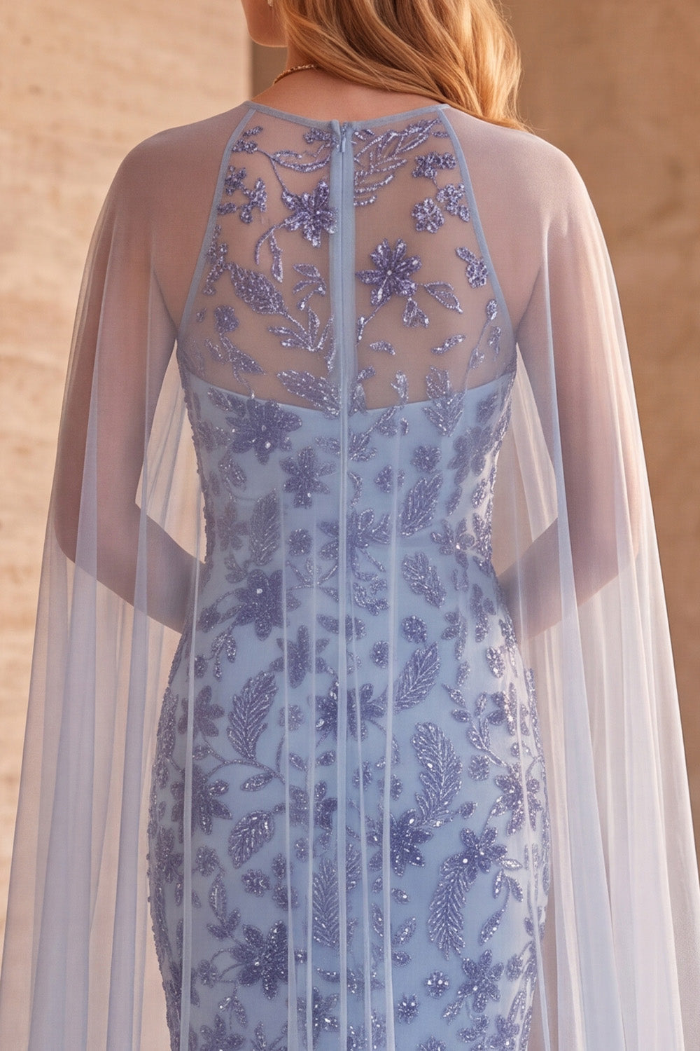 Sparkly Floral Slate Blue Sequin Mermaid Long Formal Dress with Cape