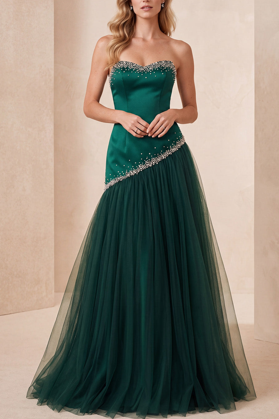 Dark Green Strapless A-Line Beaded Long Formal Dress