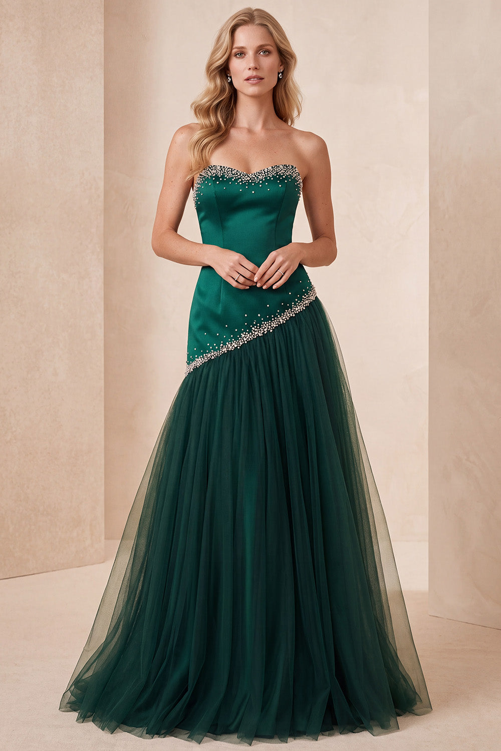 Dark Green Strapless A-Line Beaded Long Formal Dress