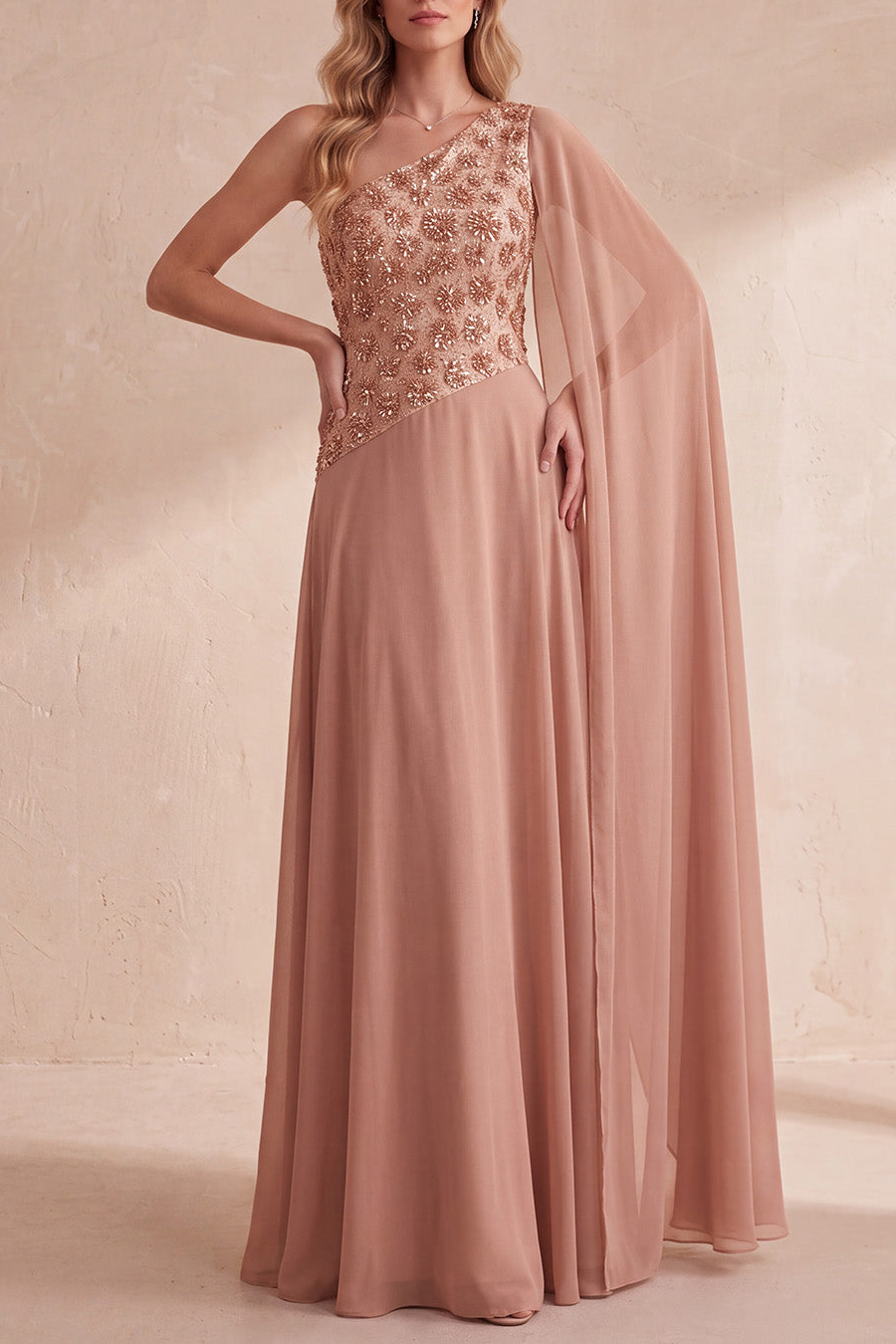 Floral Khaki One Shoulder Chiffon A-Line Long Formal Dress with Cape
