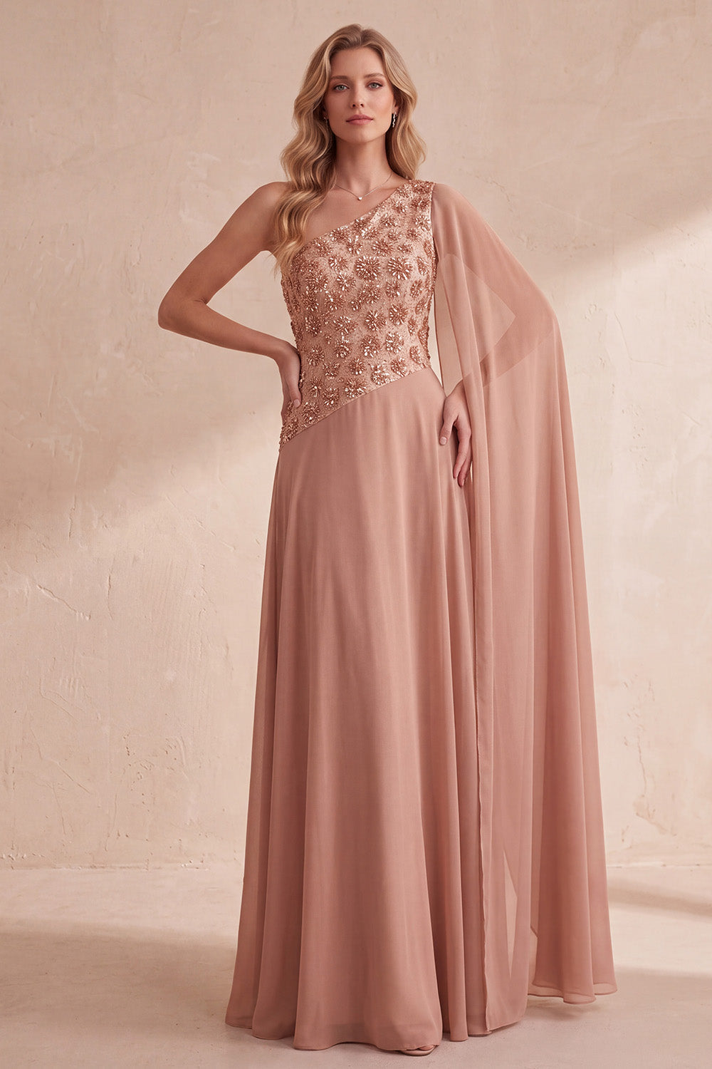 Floral Khaki One Shoulder Chiffon A-Line Long Formal Dress with Cape