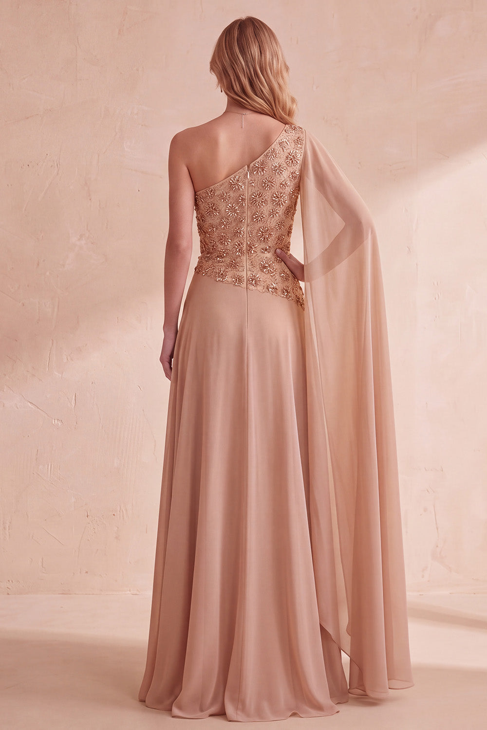Floral Khaki One Shoulder Chiffon A-Line Long Formal Dress with Cape