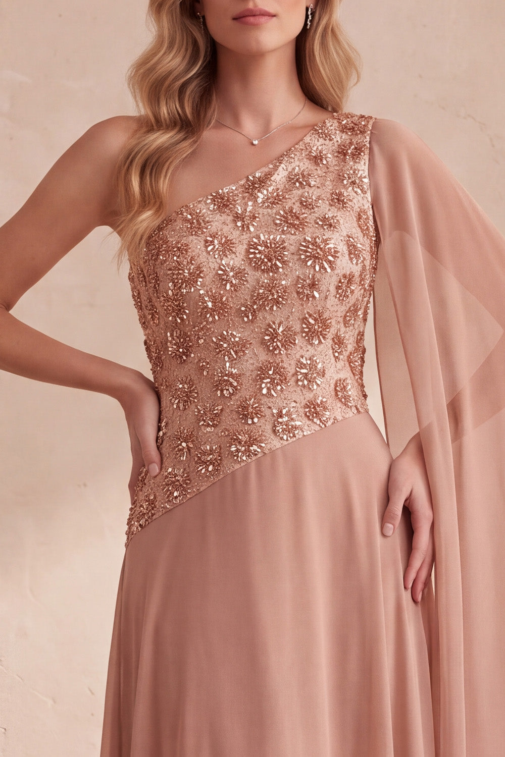 Floral Khaki One Shoulder Chiffon A-Line Long Formal Dress with Cape